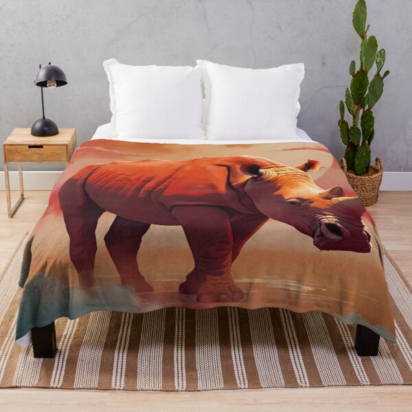 Item preview, Rhino standing against red sun, clouds background horn wild animal designed and sold by Meena-tta.
