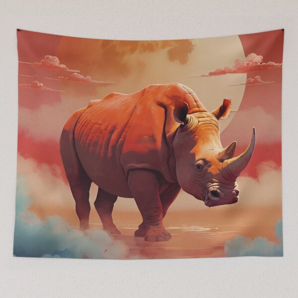 Item preview, Rhino standing against red sun, clouds background horn wild animal designed and sold by Meena-tta.
