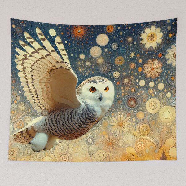 Item preview, Mystical Snowy Owl Flight Amidst Starry Night designed and sold by FOLK ART FUSION.