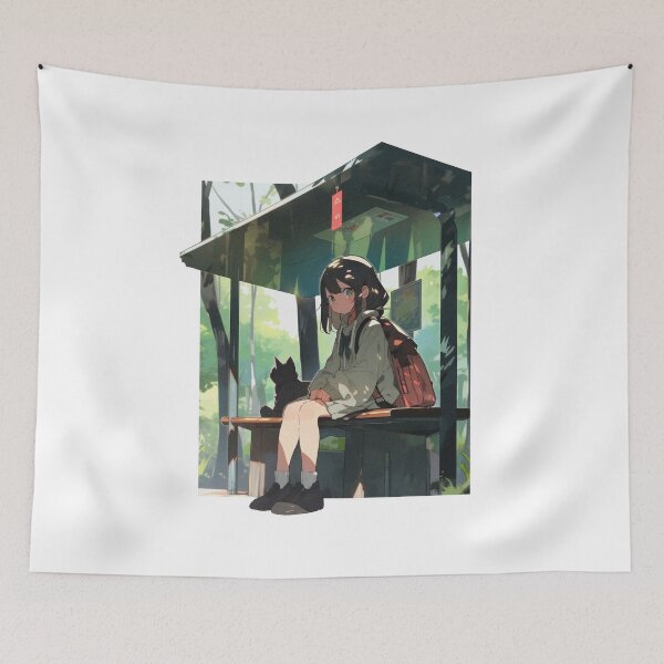Item preview, Anime Girl at Bus Stop - Aesthetic Artwork Collection designed and sold by TurtleDojo.