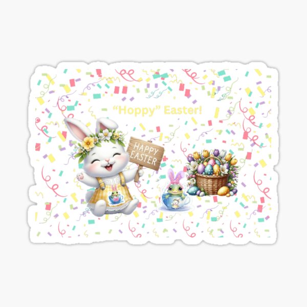 Item preview, "Hoppy" Easter with a Bunny and a Cute Frog iin a Teacup Wearing Bunny Ears and a Basket of Easter Eggs and Tulips Design designed and sold by Leap Shop.