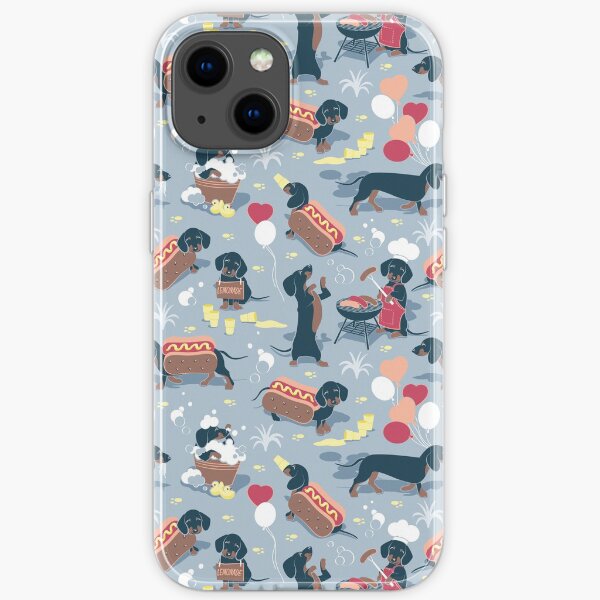 Hot dogs and lemonade // pastel blue background navy and brown dachshunds iPhone Soft Case