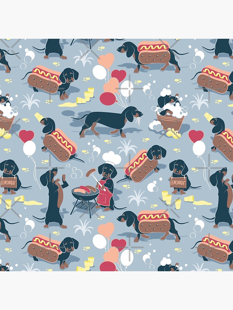 Hot dogs and lemonade // pastel blue background navy and brown dachshunds by SelmaCardoso