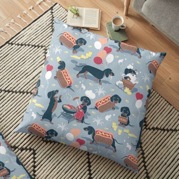 Hot dogs and lemonade // pastel blue background navy and brown dachshunds Floor Pillow
