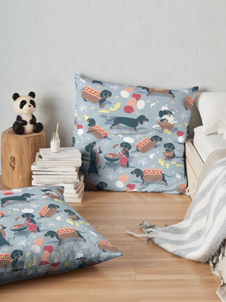 Alternate view of Hot dogs and lemonade // pastel blue background navy and brown dachshunds Floor Pillow