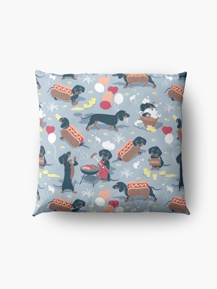 Alternate view of Hot dogs and lemonade // pastel blue background navy and brown dachshunds Floor Pillow