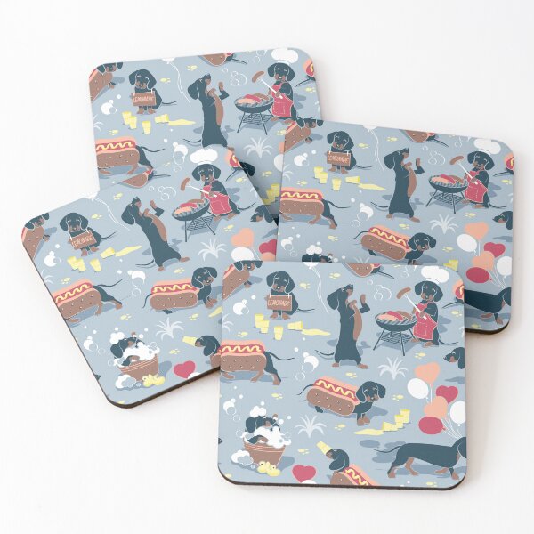 Item preview, Hot dogs and lemonade // pastel blue background navy and brown dachshunds  designed and sold by SelmaCardoso.