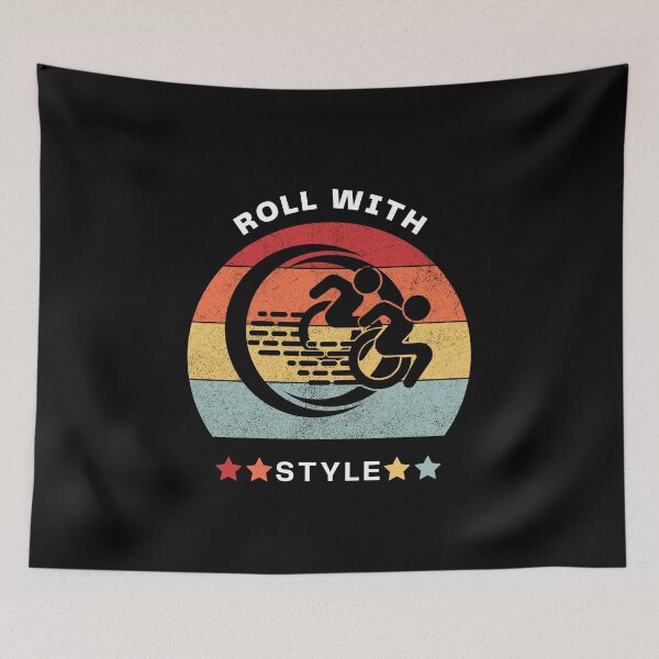 Item preview, Colorful Vintage Roll With Style (white text) Wheelchair Designnn designed and sold by It's Wheelie Cool.
