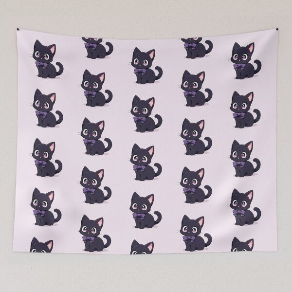 Item preview, Cute Kawaii Happy Kitten Black Cat in Purple Bowtie designed and sold by CozyKawaiiArt.