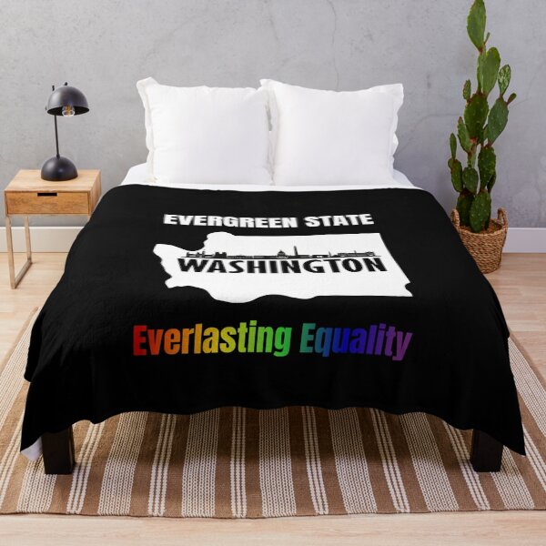 Item preview, Map of Washington with skyline and slogan with rainbow color text. LGBTQ+ tees, Positive slogan Tees, evergreen state Washington everlasting equality, slogan designed and sold by PrideBeProud.