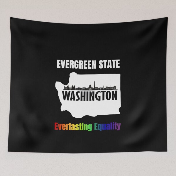 Item preview, Map of Washington with skyline and slogan with rainbow color text. LGBTQ+ tees, Positive slogan Tees, evergreen state Washington everlasting equality, slogan designed and sold by PrideBeProud.