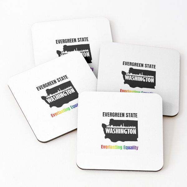 Item preview, Map of Washington with skyline and slogan with rainbow color text. LGBTQ+ tees, Positive slogan Tees, evergreen state Washington everlasting equality, slogan designed and sold by PrideBeProud.