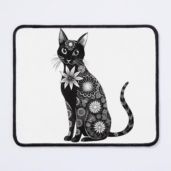 Item preview, Black and white cat, bw cat, with flower pattern designed and sold by patterncrow.