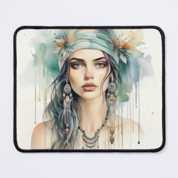Item preview, Teal Floral Bohemian Girl with Fringe Earrings - Watercolor designed and sold by NikoBeadsUA.