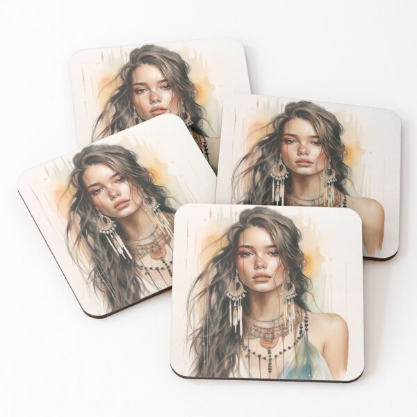 Item preview, Brown-Eyed Boho Goddess with Dangling Earrings - Watercolor designed and sold by NikoBeadsUA.