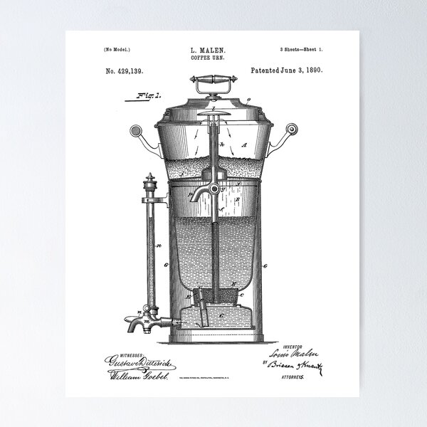 Item preview, Coffee Urn 1890 Vintage Patent White Background designed and sold by Peek-Designs.