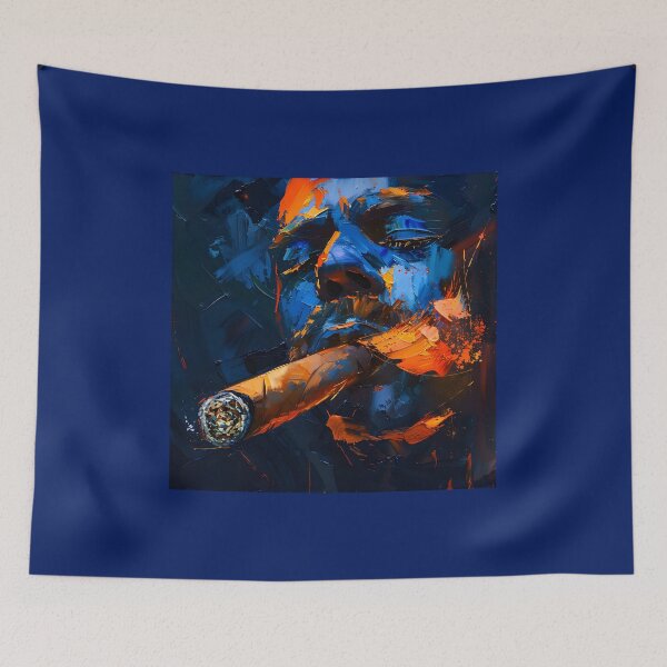Item preview, Ember Enigma- Unveiling the Man's Serenity Amidst Digital Cigar's Dark Blue Hues designed and sold by OlfactoART Studio.