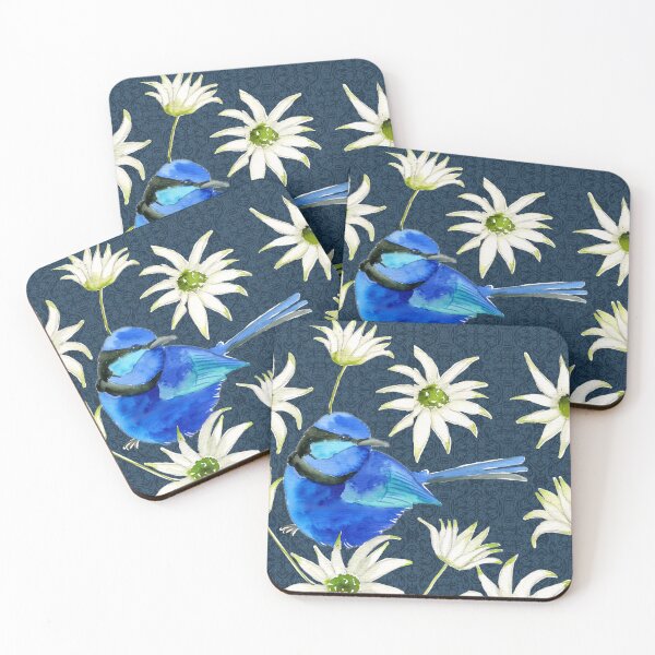Item preview, Fairy Wrens and Flannel Flowers Dark Blue designed and sold by Gaye Leanne Hardesty.