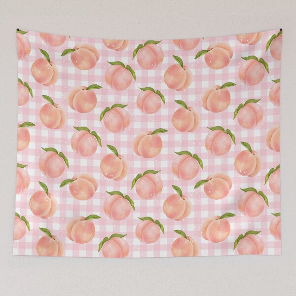 Item preview, Peaches Gingham Pattern Trendy Pink Fruity Print designed and sold by Jenaxbelle.