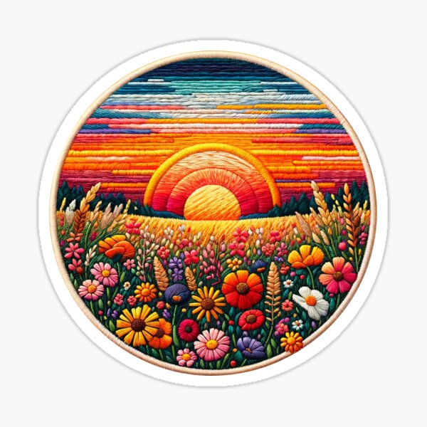 Vista previa del artículo con la obra «Estilo bordado Amanecer y flores silvestres», diseñado y vendido por PJ.