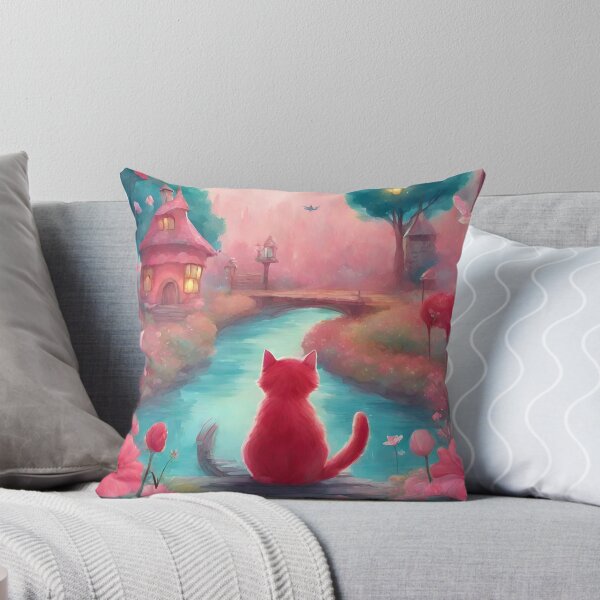 Item preview, Sweet cat fairy tale, Cute fantasy world, Pink Teal Landscape with cat,  designed and sold by 40magic.
