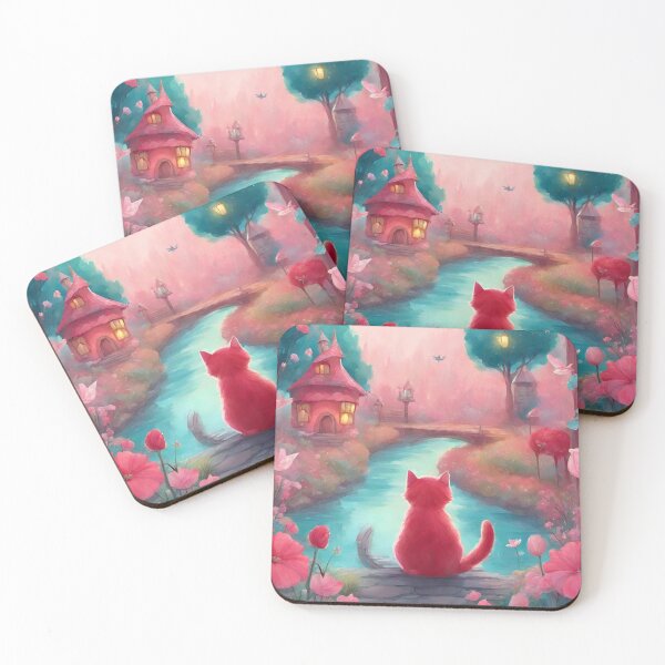 Item preview, Sweet cat fairy tale, Cute fantasy world, Pink Teal Landscape with cat,  designed and sold by 40magic.