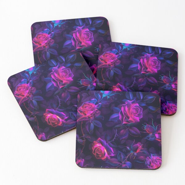 Artikelvorschau, Wunderschöne neonrosa Rosen auf dunkelviolettem Hintergrund entworfen und verkauft von PrettyPinkSkies.
