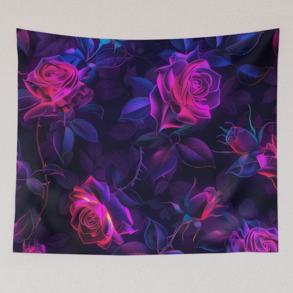 Artikelvorschau, Wunderschöne neonrosa Rosen auf dunkelviolettem Hintergrund entworfen und verkauft von PrettyPinkSkies.