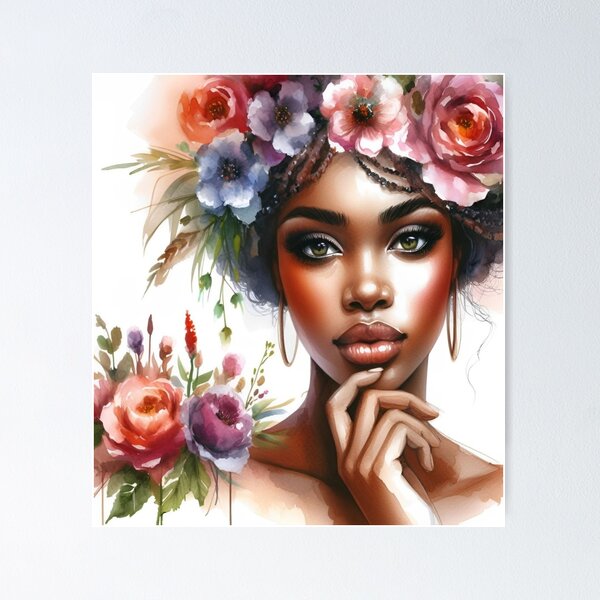 Item preview, Woman Portrait Watercolor,Black Woman ArtFloral,beautiful black woman,masterpiece. designed and sold by FreeWorldDesign.
