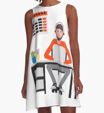 Man sitting at table and working on laptop. A-Line Dress
