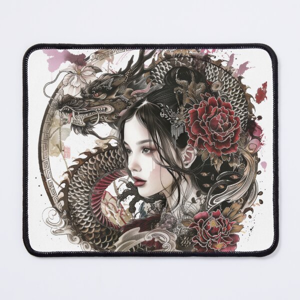Item preview, Japanese Woman And Dragon. Tattoo Style Art designed and sold by Lucy Goosy Art.