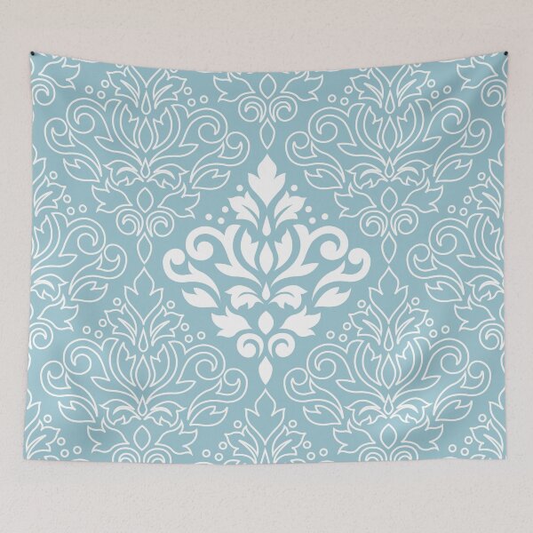 Item preview, Scroll Damask Lg Pattern Mid White+Line on Blue designed and sold by NataliePaskell.