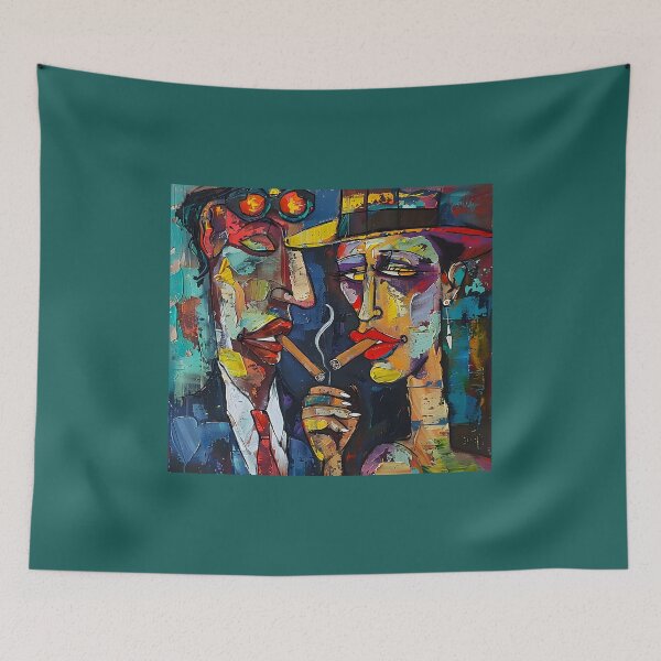 Item preview, Whiskey Whispers- Femme Fatale and Lover in the Cigar Lounge Abstract Graffiti Art designed and sold by OlfactoART Studio.