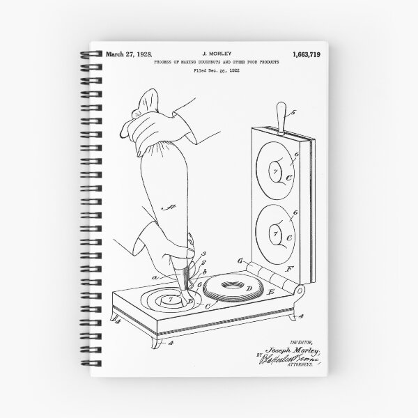 Artikelvorschau, Doghnut Maker 1928 Vintage Patent weißer Hintergrund entworfen und verkauft von Peek-Designs.