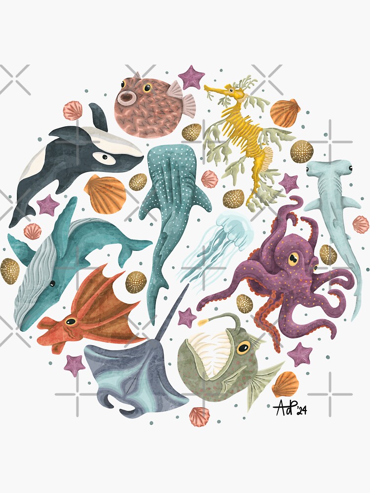Thumbnail 3 of 3, Sticker, Ocean Life designed and sold by smoothfoxill.