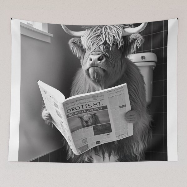 Item preview, Highland Cow Sitting on the Toilet Reading a Newspaper designed and sold by RobertoGreen.