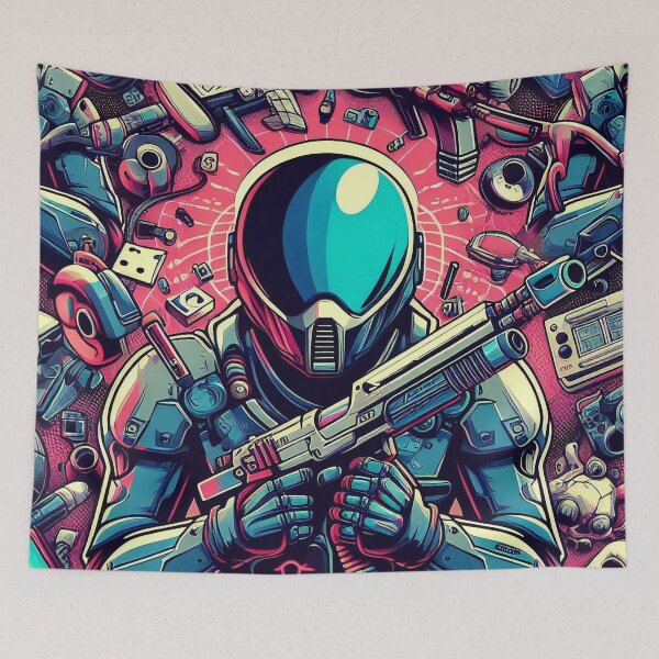 Item preview, Cyber Warrior Amidst a Battlefield of Technological Relics designed and sold by ArtComixHaven.