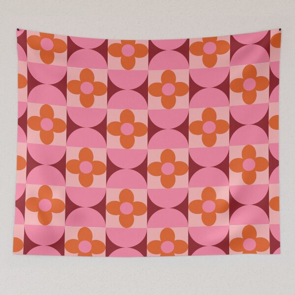 Item preview, Mid Century Pink Half Circles with Orange Retro Flowers on Squares designed and sold by Yasminepatterns .