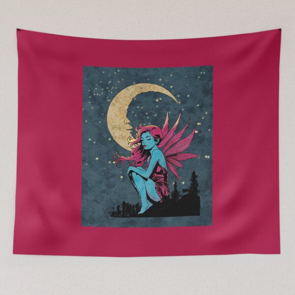 Item preview, Enchanting moonlight scene with a fairy sitting atop a cliff against a crescent moon designed and sold by SimoesArtistry.