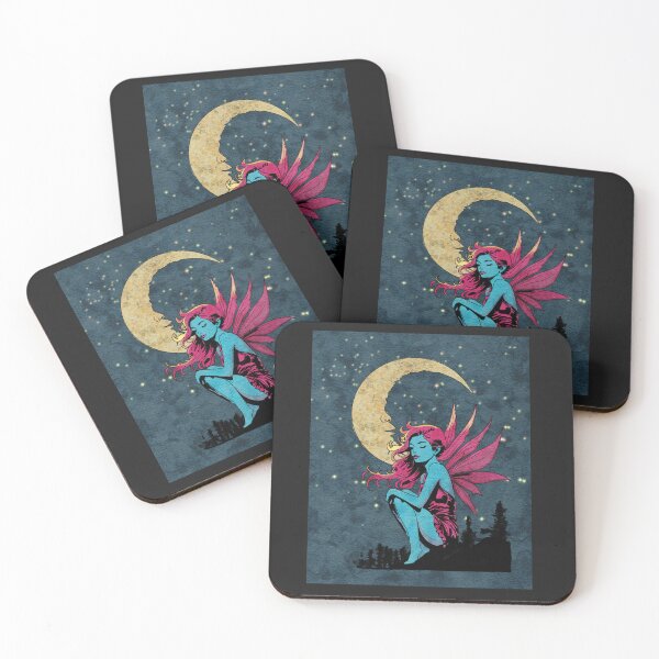 Item preview, Enchanting moonlight scene with a fairy sitting atop a cliff against a crescent moon designed and sold by SimoesArtistry.