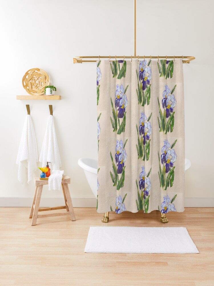 Thumbnail 1 of 5, Shower Curtain, Purple Irises - Original Artwork on Handmade paper designed and sold by KarenEspig.