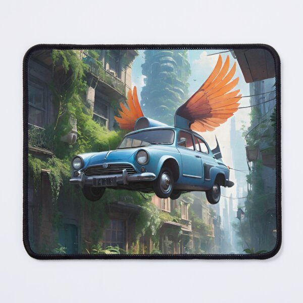 Item preview, Winged Wanderer: Blue Car Soaring Through Nature-Reclaimed City designed and sold by GrizzlyCollective.
