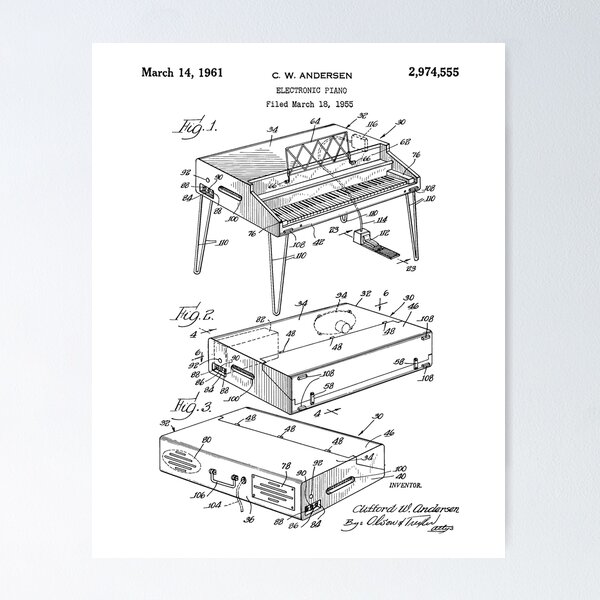 Item preview, Electronic Piano 1961 Patent Art White Background designed and sold by Peek-Designs.