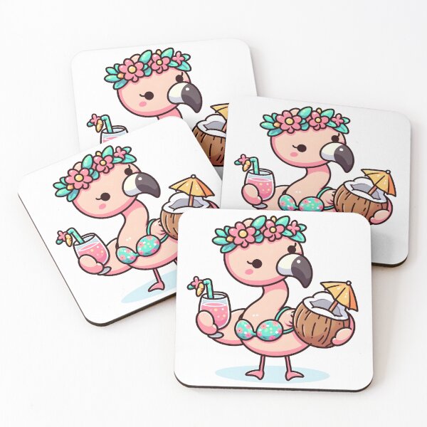 Item preview, Kawaii Flamingo With Flower Crown And A Coconut Bra Enjoying A Tropical Drink designed and sold by CanvasCutie.