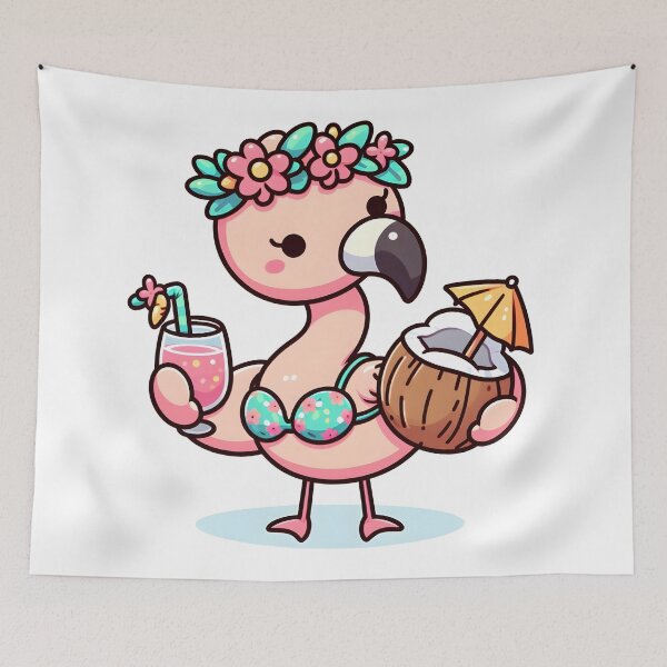 Item preview, Kawaii Flamingo With Flower Crown And A Coconut Bra Enjoying A Tropical Drink designed and sold by CanvasCutie.