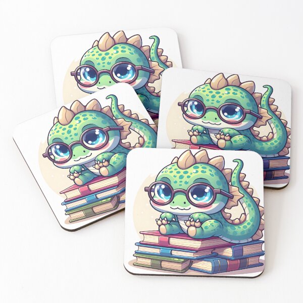 Item preview, Kawaii Bubbly Basilisk Wearing Glasses Sitting On A Pile Of Books designed and sold by CanvasCutie.