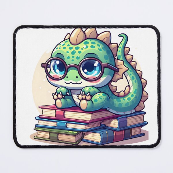 Item preview, Kawaii Bubbly Basilisk Wearing Glasses Sitting On A Pile Of Books designed and sold by CanvasCutie.