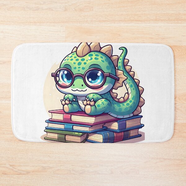 Item preview, Kawaii Bubbly Basilisk Wearing Glasses Sitting On A Pile Of Books designed and sold by CanvasCutie.