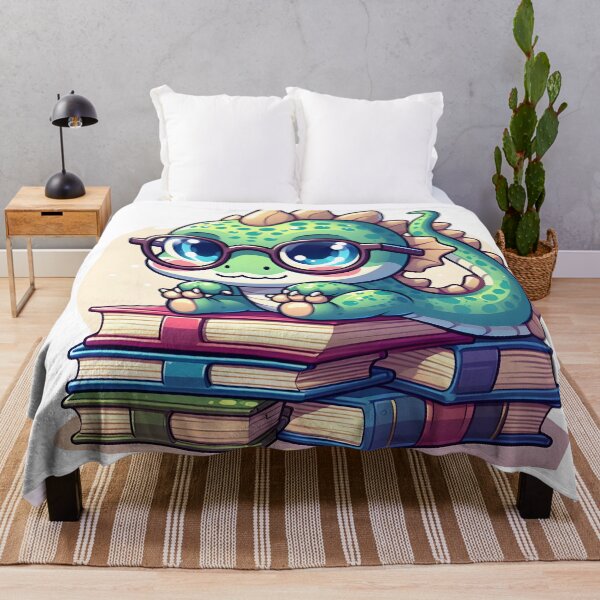 Item preview, Kawaii Bubbly Basilisk Wearing Glasses Sitting On A Pile Of Books designed and sold by CanvasCutie.