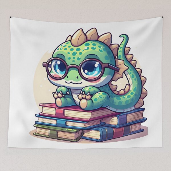 Item preview, Kawaii Bubbly Basilisk Wearing Glasses Sitting On A Pile Of Books designed and sold by CanvasCutie.